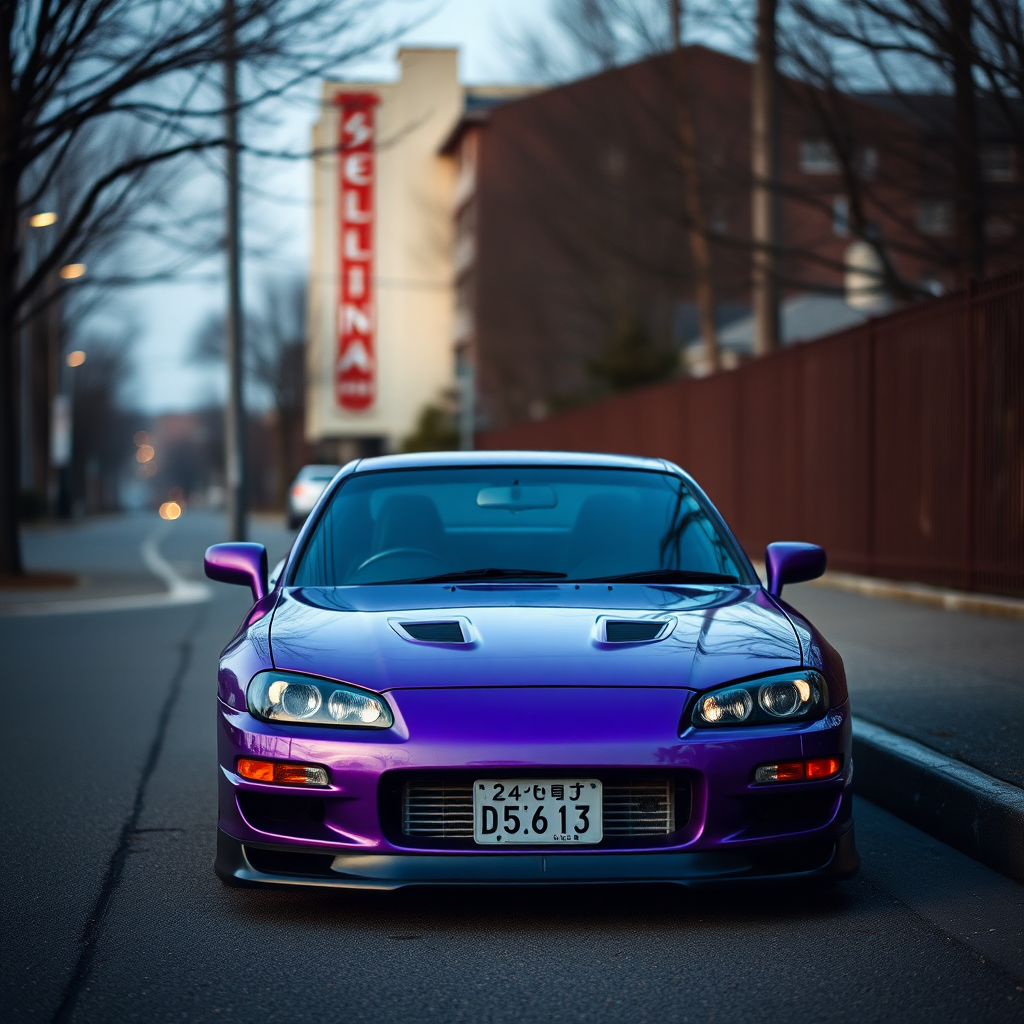 camelonn purple nissan silvia s14 the car is parked on the side of the road, inspired by Taiyō Matsumoto, tumblr, restomod, nd4, c4 cold colors