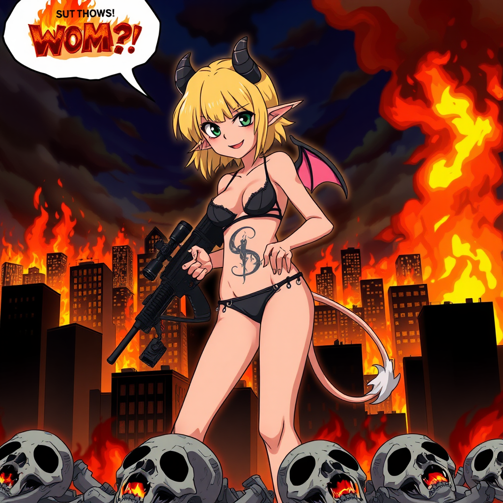 Anime, city on fire background, A mischievous tall-slender demon girl, short blond hair, wearing sexy-micro bikini-bra-like clothing, g-string, Womb tattoo on belly, mischievous smile, large breasts, full body, long legs, looking at viewer, speech bubble with a burning city, holding rifle, down below is 4 dead-male males.