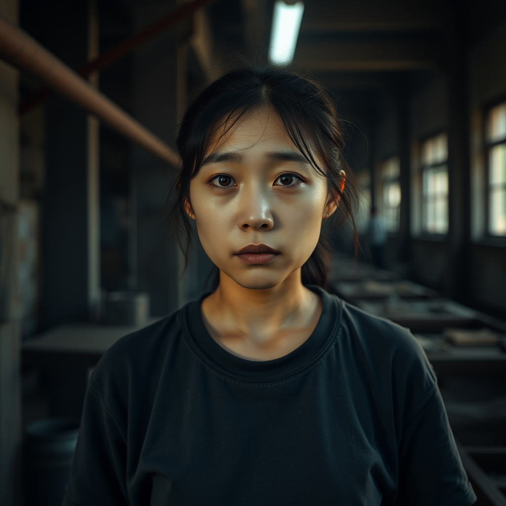 A very sad and hungry young Korean wife with a very old T-shirt in a very dark old and mysterious factory.