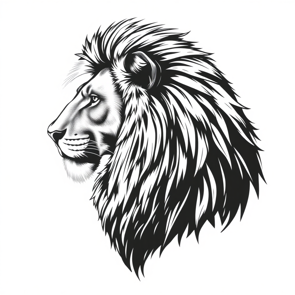 Create a realistic side profile illustration of a lion in black and white. The drawing should capture the intricate details of the lion's mane, facial features, and expression, conveying a sense of strength and majesty. The style should be artistic, resembling a high-quality sketch, making it suitable for use in branding or as part of a sports uniform design.