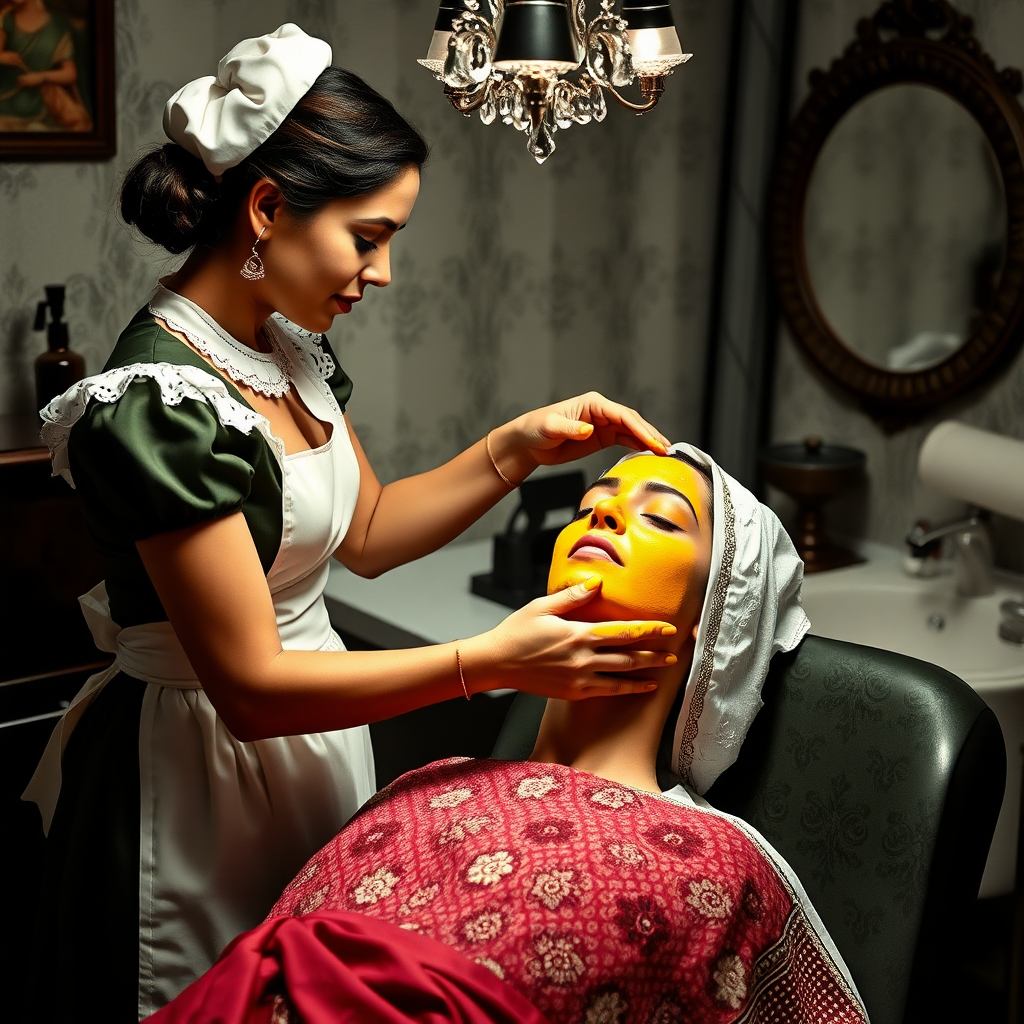 female french maid working in beauty parlour, giving turmeric facial to indian wife