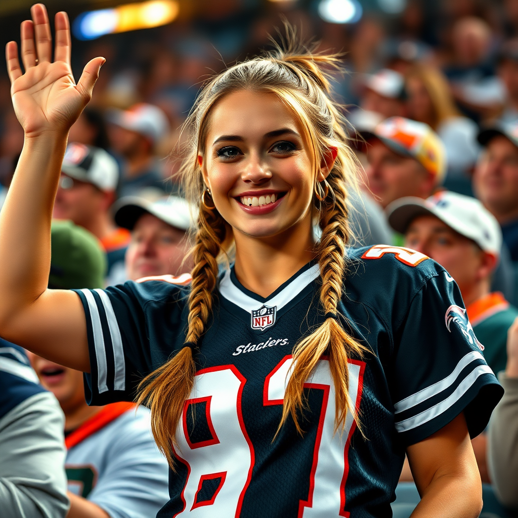 Extremely hot female NFL fan, pigtail hair, jersey, cheering, inside the crowd