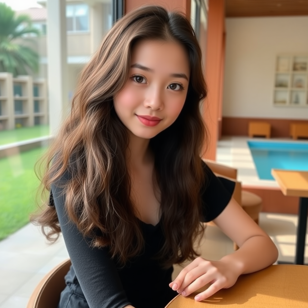 A young 18-year-old beautiful Xiaohongshu (Little Red Book) blogger, with fair skin, big eyes, long curly hair, an oval face, and very slim, sitting in a café, leaning on the table, with green grass and a swimming pool outside the window.