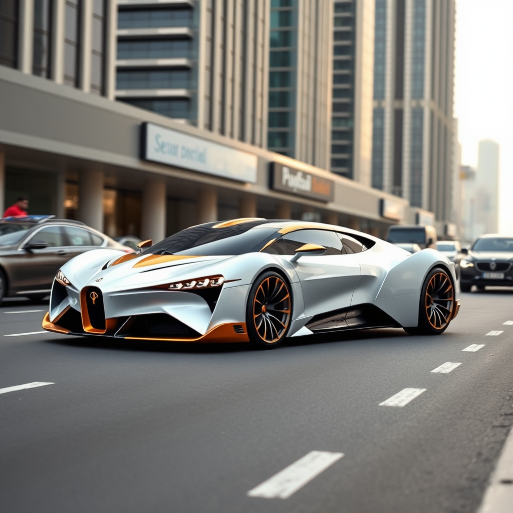 A photo of a futuristic Pagani-designed sedan with 4 doors. The car is white with golden ornamentation. The car is parked on a street in Dubai with heavy traffic. The background contains skyscrapers.