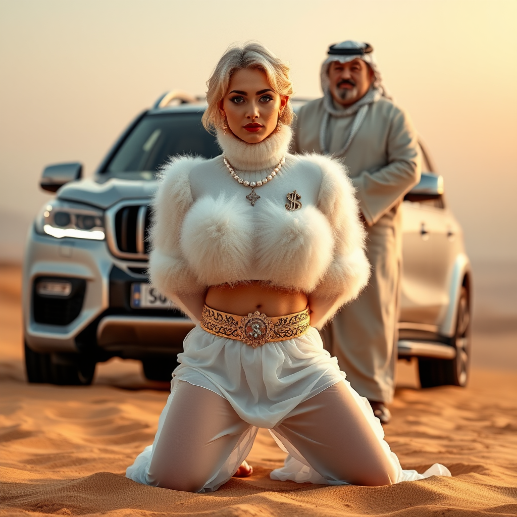 Kuwait desert dunes misty dawn, full size luxury SUV: Melissa, European 17 years old very convincing femboy “trophy-bimbo”, tamed servile docile, very beautiful feminine flawless face, rather short, by hormones very curvaceous womanly figured, platinum blond short tight curls, bold red lips, heavily made-up face, wearing Supertanya-style fluffy very fuzzy bright white angora turtleneck-poncho cropped ending under bust decorated with pearls and gemstones, striking oriental wide gold bridal protection belt, white fully transparent harem pants, full Oriental bridal jewelry including headpiece, nose-ring, coin anklets, striking diamond “$$$” letter brooch on left chest, pout frustrated, hands tied behind back, kneeling in sand in front of SUV, looking at camera. Focus on face and turtleneck-poncho. Standing behind Melissa: older overweight tall proud sheik, approvingly padding Melissa.