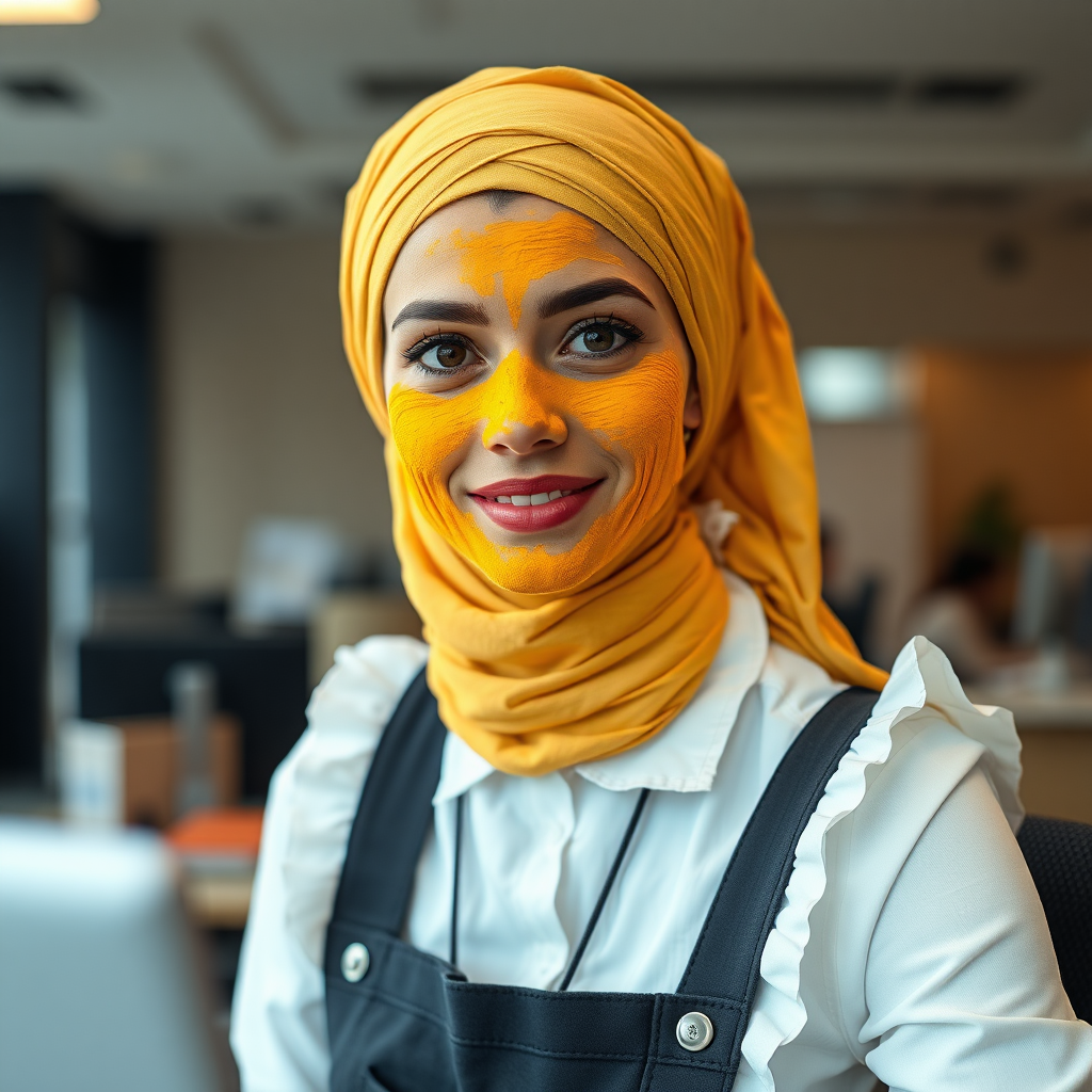 slim, modern, french maid, scarf head, turmeric paste on face, working in office