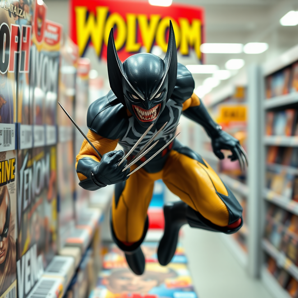 Jumping out of a Comic book cover on a store shelf is Wolverine and Venom. Wolverine has his claws placed into Venom in Cinematic Real3D photo-realistic quality.