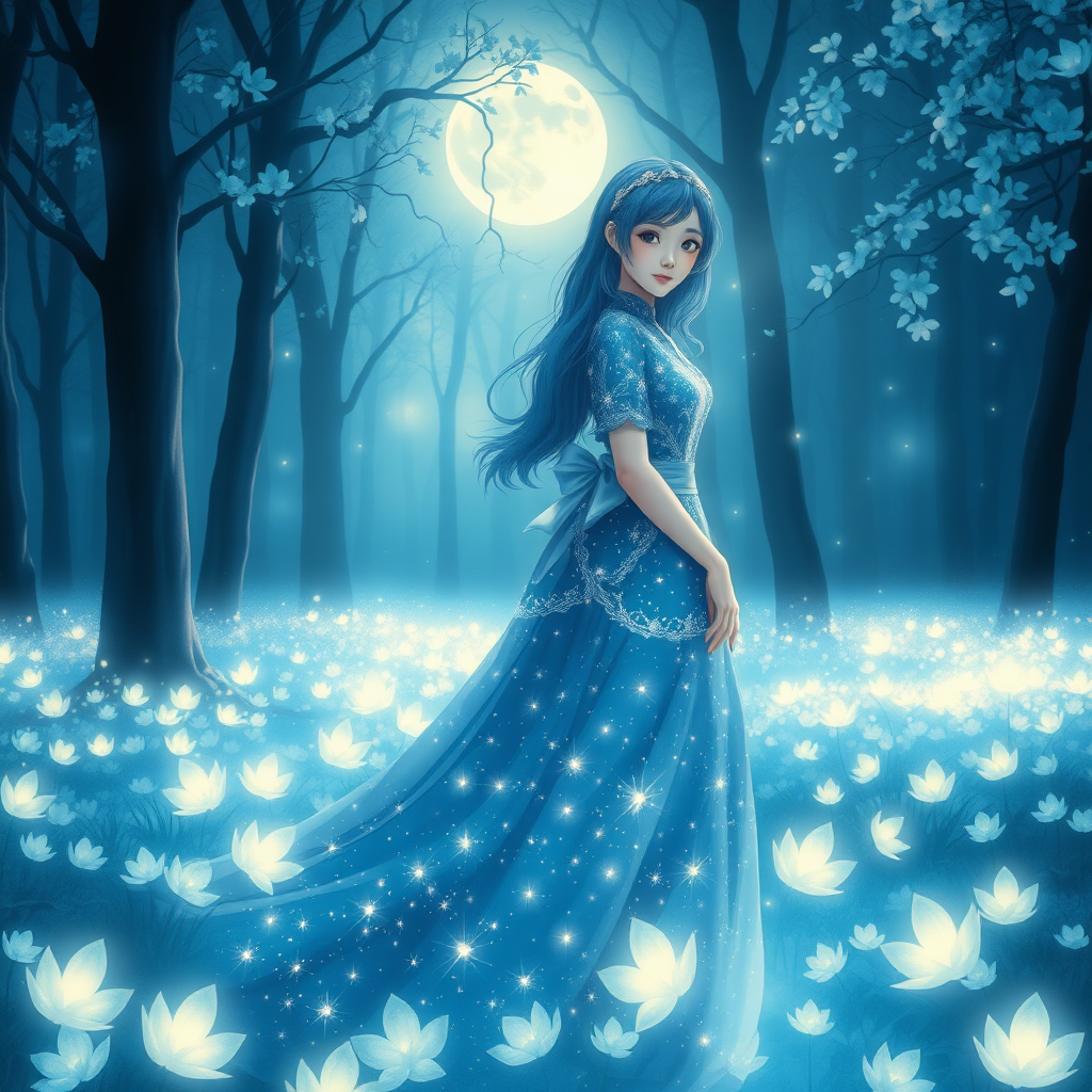 It is a serene and enchanting evening scene of a magical forest, illuminated by soft and spiritual light. A young Japanese woman with delicate blue hair stands gracefully in the foreground, wearing a shimmering gown that sparkles with vibrant patterns of stars and light. The background is filled with luminous flowers in shades of blue and white, creating a delicate carpet of blossoms beneath her feet. Moonlight filters through the trees, casting gentle shadows and enhancing the dreamlike quality of the atmosphere. The overall aesthetic conveys a magical impressionism, with a palette of deep blues, soft whites, and sparkling highlights evoking a sense of wonder and tranquility.