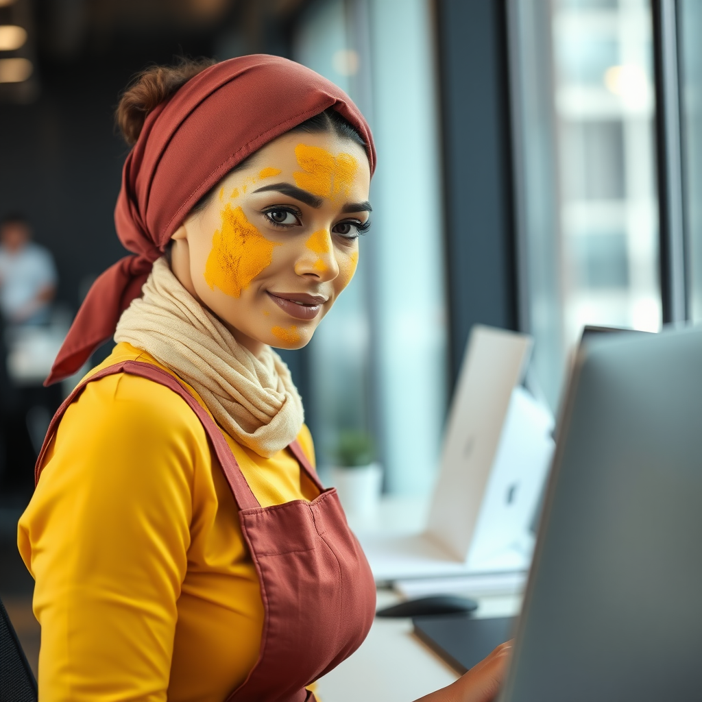 slim, modern, french maid, scarf head, turmeric paste on face, working in office