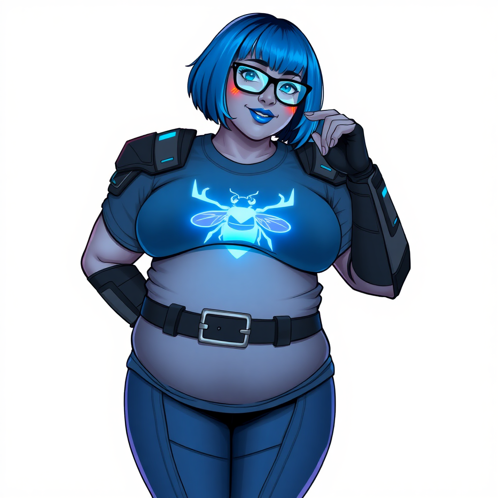 A 28-year-old, full-figured, middle gray skinned computer program hybrid with a maximum blue bob cut. She has a non-athletic, full-figured build, highlighted by a prominent, round, large midsection (with full emphasis on her large belly). As the full-figured, nerdy, digital sidekick to her cyberpunk vigilante boyfriend, her middle gray metallic skin and maximum blue lipstick emphasize her digital nature. She wears a digital, computerized costume inspired by DC’s Carrie Kelly Robin, consisting of a huge, tight-fitting, maximum blue t-shirt with a neon blue glowing chest icon of a beetle, hi-tech shoulder pads with neon blue accents, a black hi-tech belt with a digital neon blue glowing buckle, digital maximum blue pants with neon blue accents, and black hi-tech fingerless biker gloves with neon blue glowing accents. Her bright blue eyes, black eyeglasses with glowing neon blue lenses with a built-in HUD, and shy smile with neon red blush accentuate her nerdiness. She stands bashfully with one hand behind her back and the other hand gently touching her cheek, her costume covering all her skin and emphasizing her full-figured physique (especially her belly). She is clearly non-athletic, with a heavy focus on her large belly. Despite her build, she radiates beauty. She has a slim face compared to her physique, accentuating her radiant beauty. She is on a solid white background. She is drawn as if she were in a retro 2D cyberpunk fighting game. Her full figure is on full display and fully emphasized.