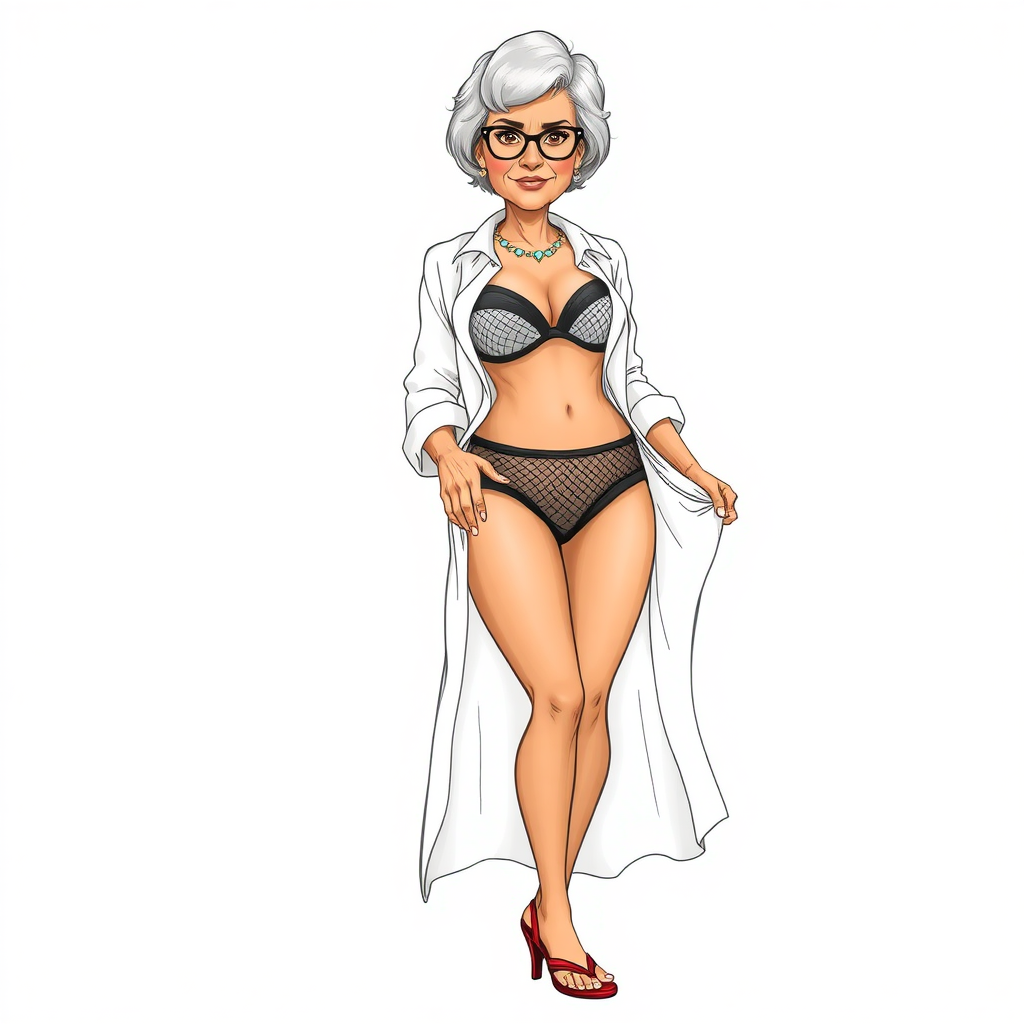 a towering 55 Years old, fit, slim, European, Latina, sharp aquiline nose, wrinkles, high cheekbones, Middle Eastern, Skinny, Tanned skin, Dark light skin, Rounded Medium breasts, Skinny thighs, full Makeup, jewelry, Serious face, Sharp nose, Ash hair, short bowl haircut, Brown eye color, Glasses, with detailed features. she is wearing an open white shirt, a black mesh balconette bras and a tight white high cut 1980s mesh cut out swimsuit and fully transparent white linen slit open pleated mini skirt, detailed fabric, detailed fabric. full body, high heels sandals, rolling up her skirt over her thighs, she is inviting the viewer to get closer, long establishing shot, 2D, caricature, cartoon, Sketch lines, coloring book, coloring book style on white background, well composed, clean coloring book page, No dither, no gradient, strong outline, No fill, No solids, vector illustration, realistic proportions