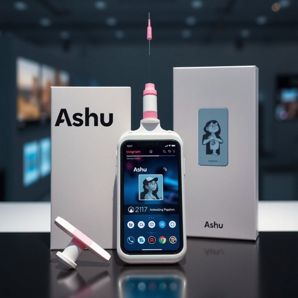 A close-up straight front view of a mobile phone in the shape inspired by a syringe, white pink futuristic, kept for sale leaning to a box with text Ashu and minimal design, in showroom, metallic body, touchscreen phone with Instagram page open on screen, needle on top, whitepunk.