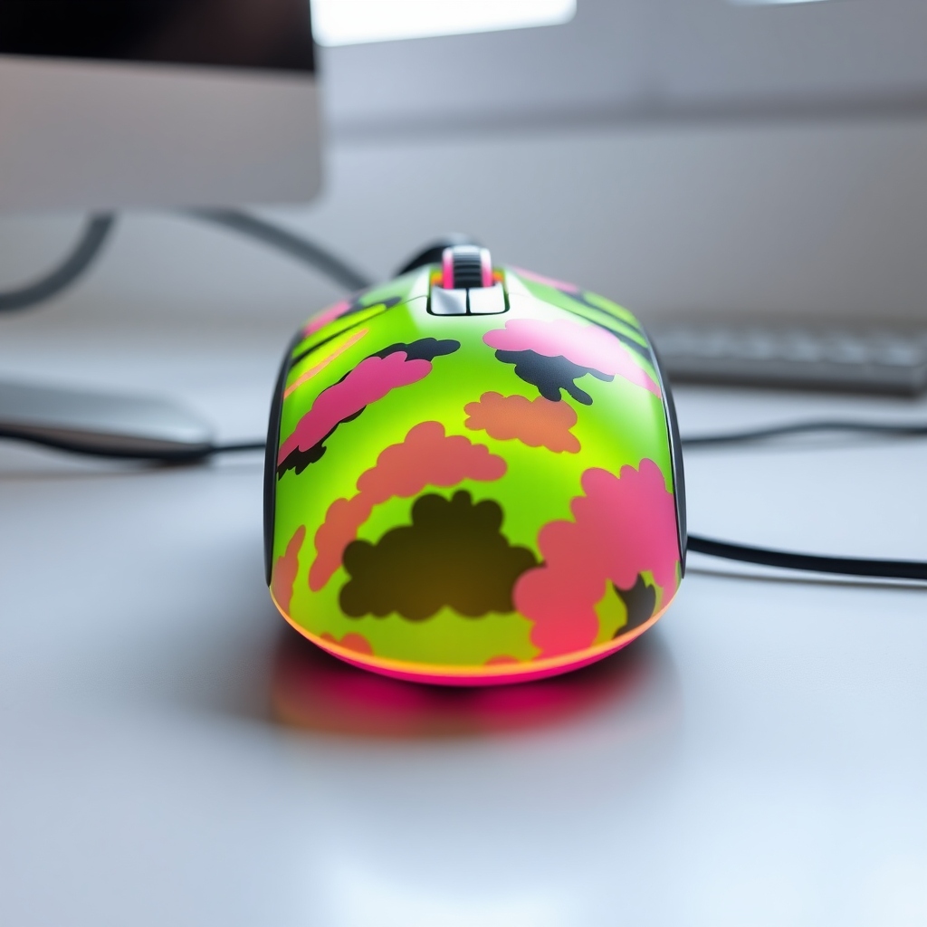 A crazy pastel toned computer mouse in neon lime green, pink and black, with cloudy patterns, attached to computer through wire, white backdrop with sunlight, front view, beautiful, photography, Taken with a Canon E05 R camera with 50 mm f/ 1.8 lens and f/ 2.2 aperture. 8k resolution, photography, photorealistic, photogenic, hyperrealistic, hyper-photo-realistic.