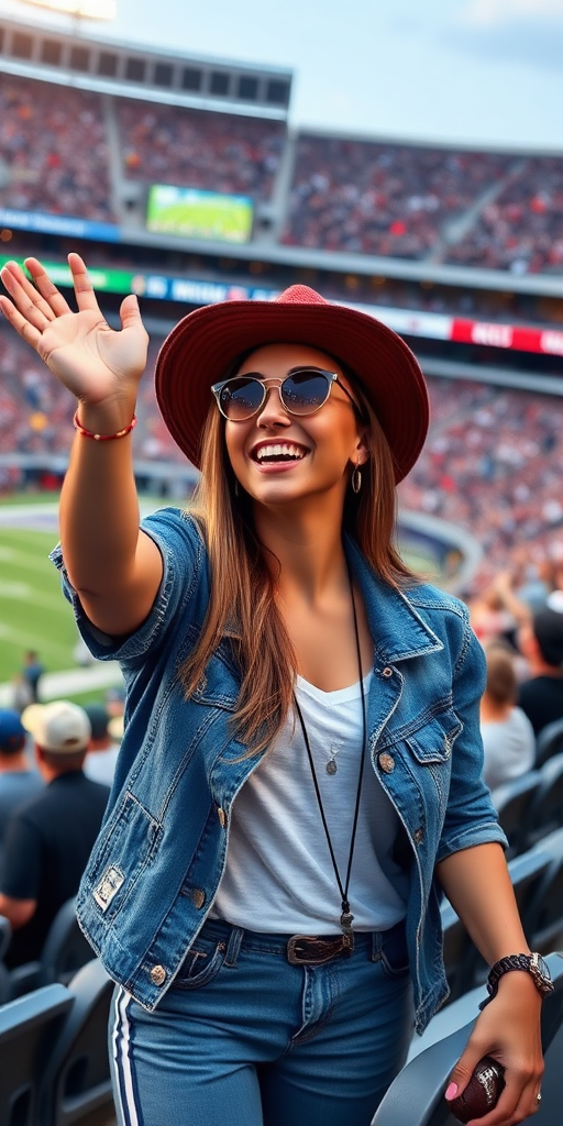 Attractive female NFL fan, cheering, NFL stadium, at crowded bleacher row