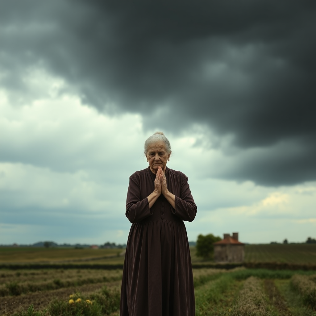 Very cloudy black sky with an elderly woman worried in a long dress with hands clasped in prayer in the Venetian countryside, hair tied up.