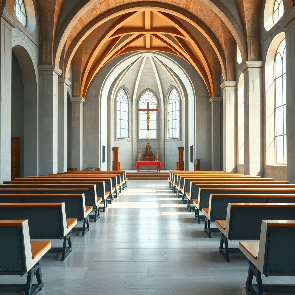 modern church with grey benches, painting style in leonardo da vinci style