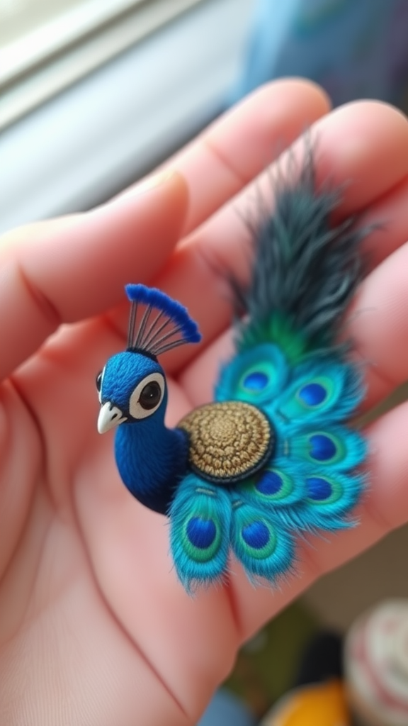 A small tiny cute big eyes big tail blue peacock on hand