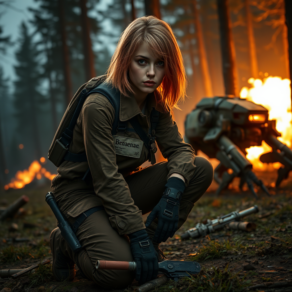 A twenty something female like Ana de Armas, athletic, medium length wild strawberry blond hair, in a brown jumpsuit, wearing a military uniform, name tag sewn on her left chest pocket that says "Benaenae". Science fiction equipment strapped to her. She is crouching in a forest at night, explosions in the background and trees all around. Ruined battlemech nearby.