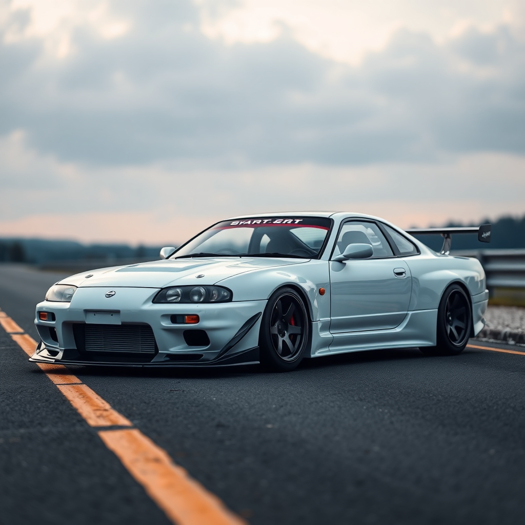 concept tuner nissan silvia s14 the car is parked on the side of the road, inspired by Taiyō Matsumoto, tumblr, restomod, nd4, c4