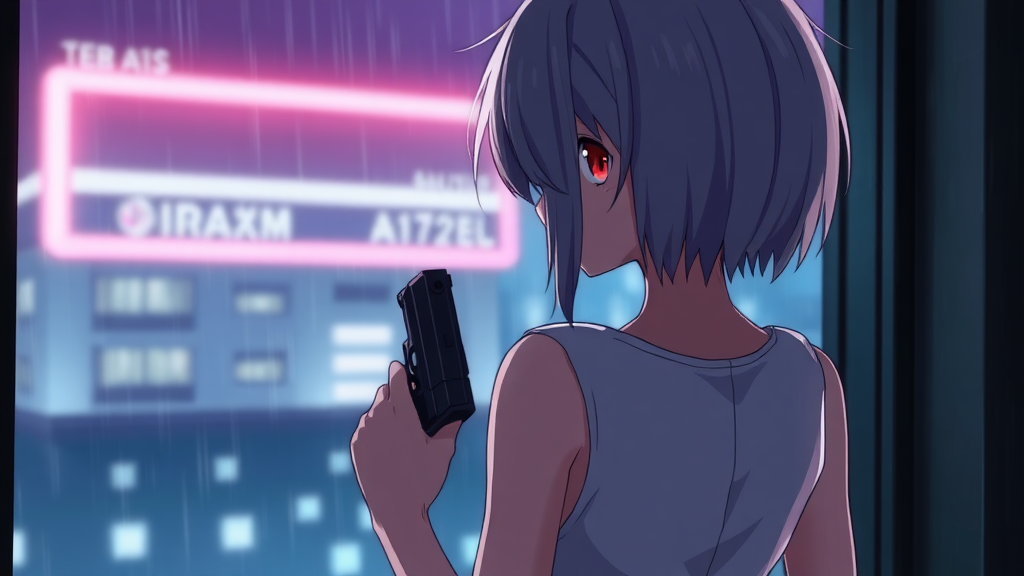 a picture of a girl from back, red eye, medium short gray hair, wearing sleeveless white top, holding pistol, looking out window, night, raining, neon light, dramatic scene, anime style