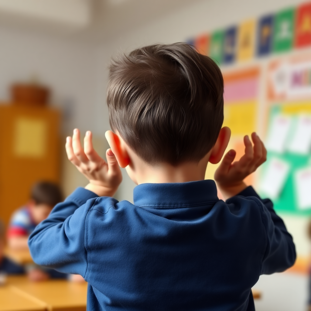 a picture of a child with their back turned to the camera, head in hands in a school