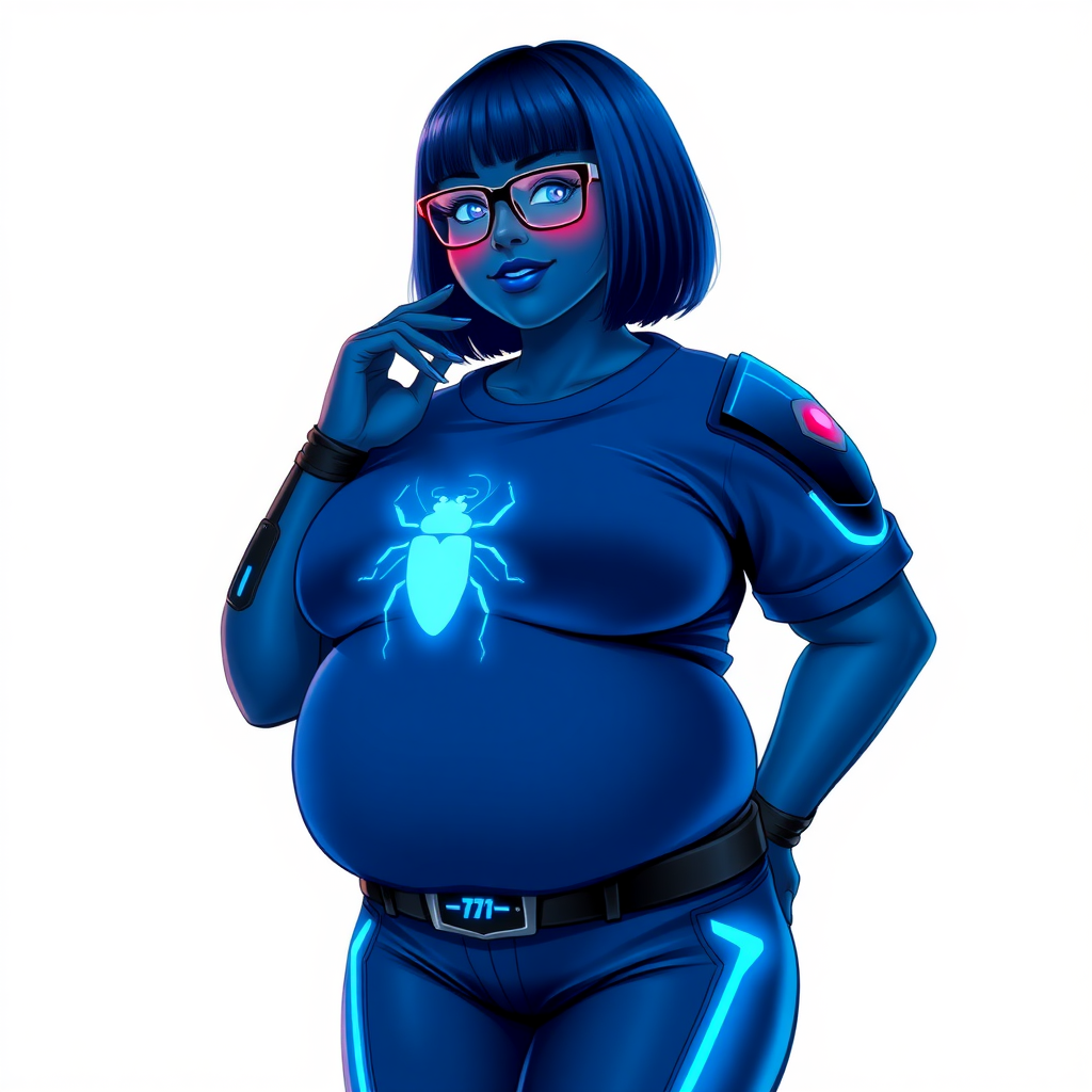 A 28-year-old, full-figured, deep metallic dark blue (5PB 4/10) skinned computer program hybrid with a maximum blue bob cut. She has a non-athletic build, highlighted by a prominent, round, large midsection (with full emphasis on her large belly), which shows the effects of her new love of junk food acquired from her link with her boyfriend. As the full-figured, nerdy, digital sidekick to her cyberpunk vigilante boyfriend, her metallic deep dark blue skin and maximum blue lipstick (5PB 5/12) emphasize her digital nature. Her skin has a subtle, animated glow, with digital patterns occasionally flickering across it, making her digital nature obvious. She wears a digital, computerized costume, consisting of a huge, tight-fitting, maximum blue t-shirt (5PB 5/12) with a neon glowing blue chest icon of a beetle, hi-tech shoulder pads with neon blue accents, a black hi-tech belt with a digital neon blue glowing buckle, digital maximum blue biker pants (5PB 5/12) with neon blue accents, and black hi-tech fingerless biker gloves with neon blue glowing accents. Her neon blue glowing eyes, black eyeglasses with neon blue glowing lenses equipped with a built-in HUD, and bashful smile with neon red blush accentuate her nerdiness. She stands bashfully with one hand behind her back and the other hand gently touching her cheek, her costume covering all her skin and fully emphasizing her full-figured physique (especially her large belly). She is clearly non-athletic, with a full focus on her full-figured physique. Despite her build, she radiates beauty. She has a slim face compared to her physique, accentuating her radiant beauty. She is on a solid white background. She is drawn as if she were in a retro 2D cyberpunk fighting game.