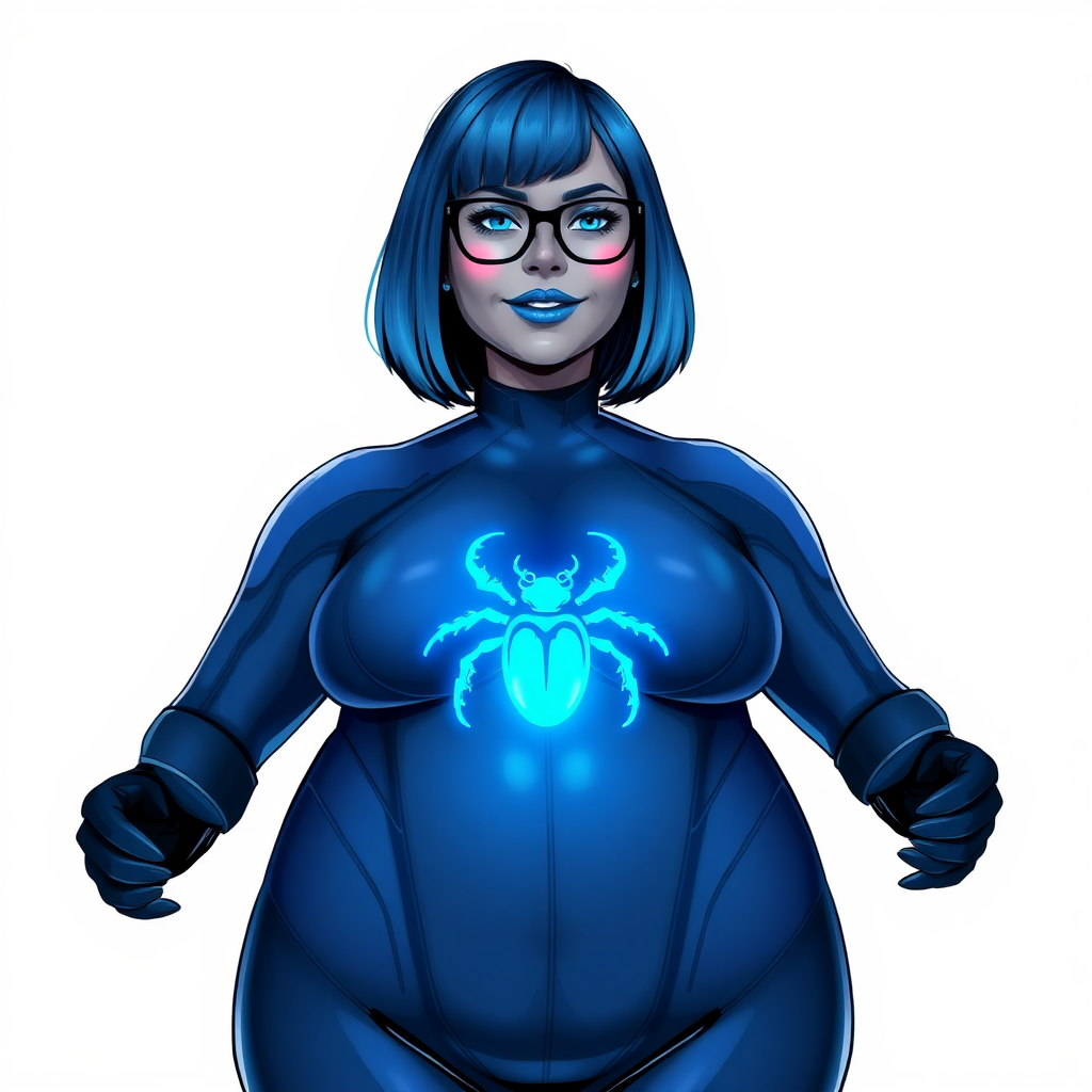 A 28-year-old, full-figured, middle gray metal skinned computer program-human hybrid with a maximum blue bob cut. She is the digital sidekick, computer hacker, and nerdy girlfriend of her cyberpunk vigilante boyfriend. Her middle gray metallic skin, distinct from any other character, highlights her digital nature. She wears maximum blue lipstick and has bright blue eyes. Her outfit includes an oversized digital maximum blue bodysuit (accentuating her non-athletic figure) with a neon blue glowing chest icon of a beetle on its chest and black gloves. Black eyeglasses accentuate her nerdiness, and she has a lovestruck smile with neon red blush. Her non-athletic full figure consists of a prominent, gargantuan, round midsection (with the full emphasis on her round gargantuan belly), gigantic limbs, and broad shoulders, reflects the doting care of her vigilante boyfriend. She has a bashful pose on a solid white background. She is drawn as if she was in a retro 2D cyberpunk fighting game. Ensure her bodysuit covers all her bare skin (especially her prominent round gargantuan belly). Her oversized bodysuit is influenced by Watchmen's Silk Spectre II but remains distinct. She is clearly non-athletic, with emphasis on her full-figured and pudgy physique.