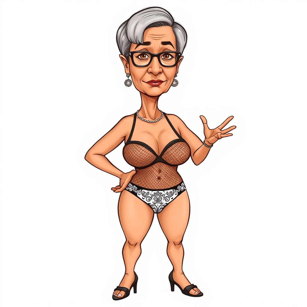 a towering 55 Years old, fit, slim, European, Latina, sharp aquiline nose, wrinkles, high cheekbones, Middle Eastern, Skinny, Tanned skin, Dark light skin, Rounded Medium breasts, Skinny thighs, full Makeup, jewelry, Serious face, Sharp nose, Ash hair, short bowl haircut, Brown eye color, Glasses, with detailed features. Hands on hips, she is wearing a transparent brown mesh tight tank top, black balconette bras and embroidered white thong, detailed fabric. full body, high heels sandals, she is gesturing at the viewer, long establishing shot, 2D, caricature, cartoon, Sketch lines, coloring book, nlack and white, coloring book style on white background, well composed, clean coloring book page, No dither, no gradient, strong outline, No fill, No solids, vector illustration, realistic proportions