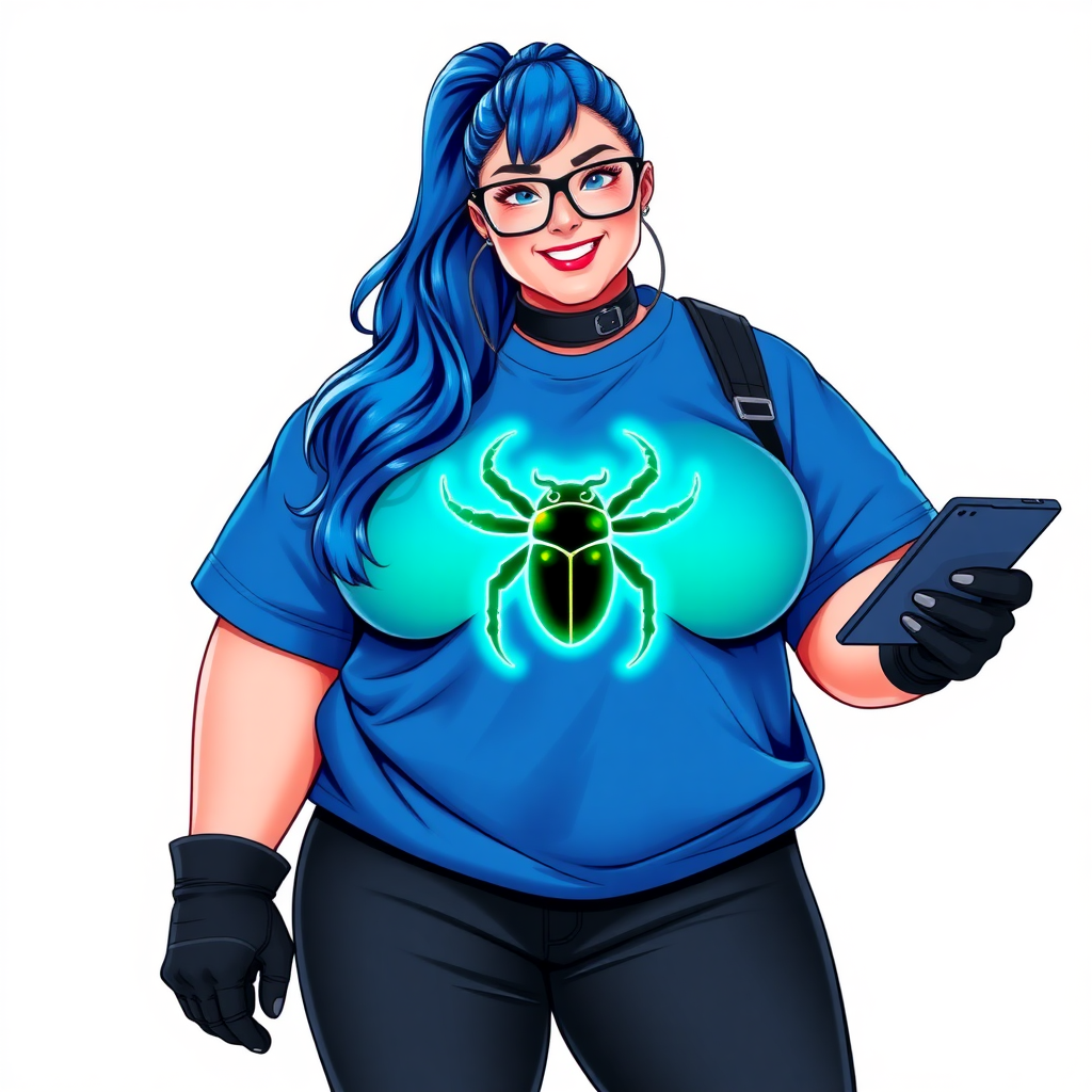 A 28-year-old, full-figured computer hacker and tech wiz, she is the girlfriend of a cyberpunk vigilante. Her long maximum blue ponytail, and striking, bright blue eyes make her stand out. Her wrecking ball-sized midsection, sequoia-sized limbs, and broad shoulders define her full figure, which has been heavily pampered by her doting boyfriend. Her nerdiness is blatantly obvious, and she serves as her boyfriend’s tech expert.

As the loyal and supportive sidekick, she plays a crucial role in their missions, using her digital and technological prowess to assist and protect. She wears an oversized maximum blue t-shirt adorned with a glowing neon blue beetle chest icon, black oversized eyeglasses, and black high-tech gloves. She beams with a neon red blush, holding a futuristic wrench and a digital holographic tablet. She is on a solid white background. She is drawn as if she was in a retro 2D cyberpunk fighting game.