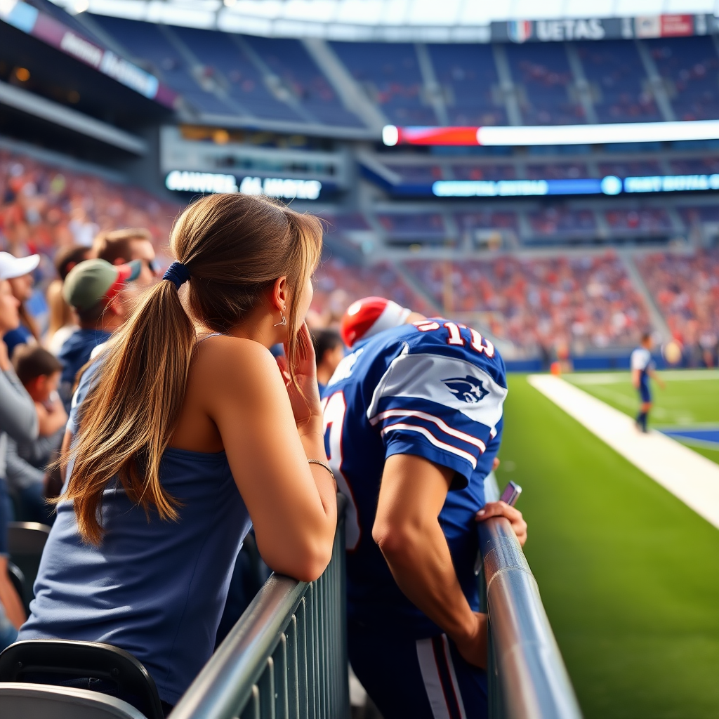 Attractive female NFL fan, pigtail hair, leaning forward over front row stadium barriers, next to field, fangirling over an NFL player