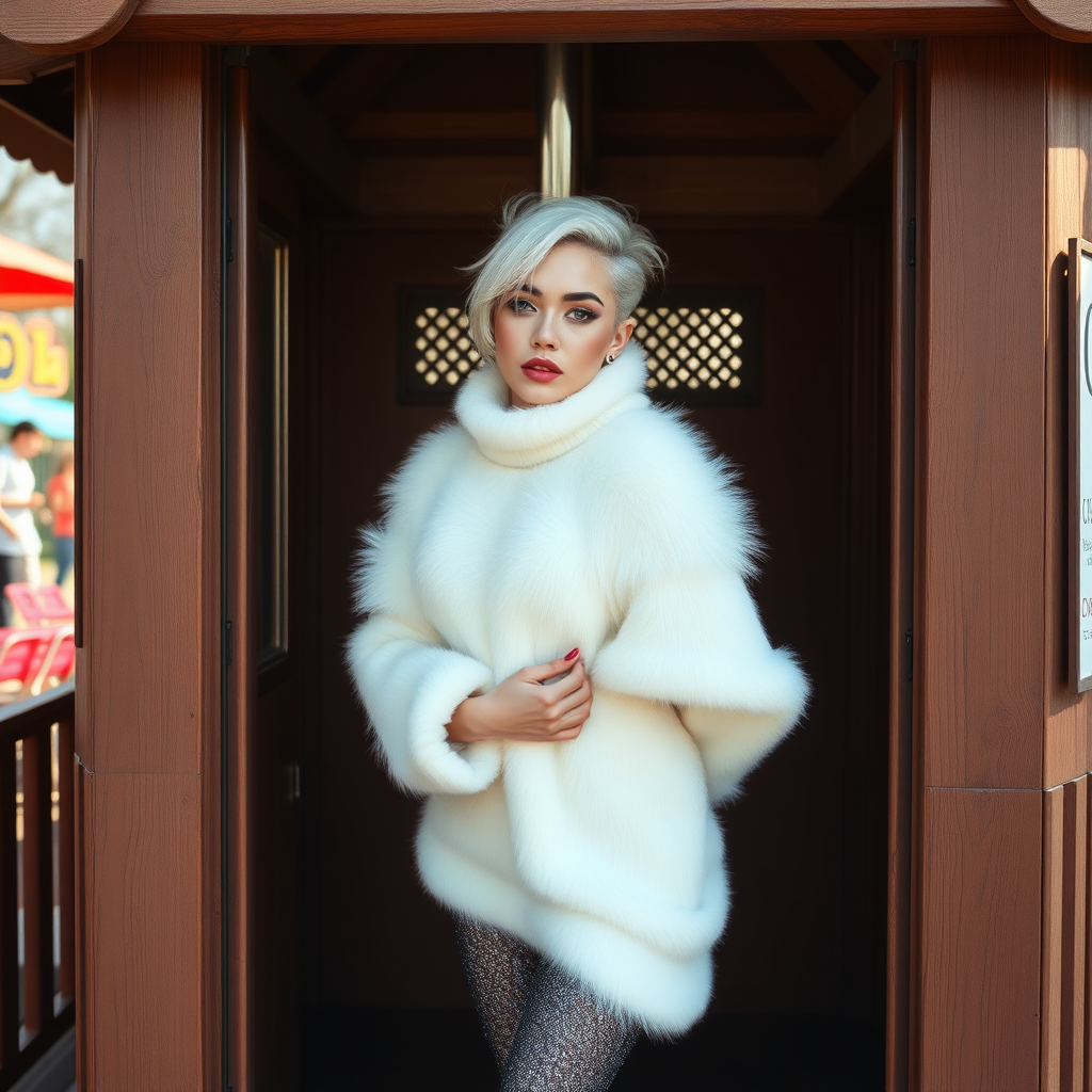 Amusement park wooden “kissing booth”, sunny spring Sunday morning. Sam, 19 years old beautiful involuntary femboy, rebellious intractable character, petite boyish figure, platinum blond boyish rebel punk hairstyle, flawless heavily made-up face with sharp arched tattooed eyebrows, wearing Supertanya-style fluffy very fuzzy bright white angora thigh-length turtleneck-poncho fully covering body and arms, silver-glitter leggings, black leather high-heeled pumps, silver earrings, both hands tied to pole behind back, standing inside kissing booth, waiting for next customer to kiss. Focus on Sam’s face and turtleneck-poncho.