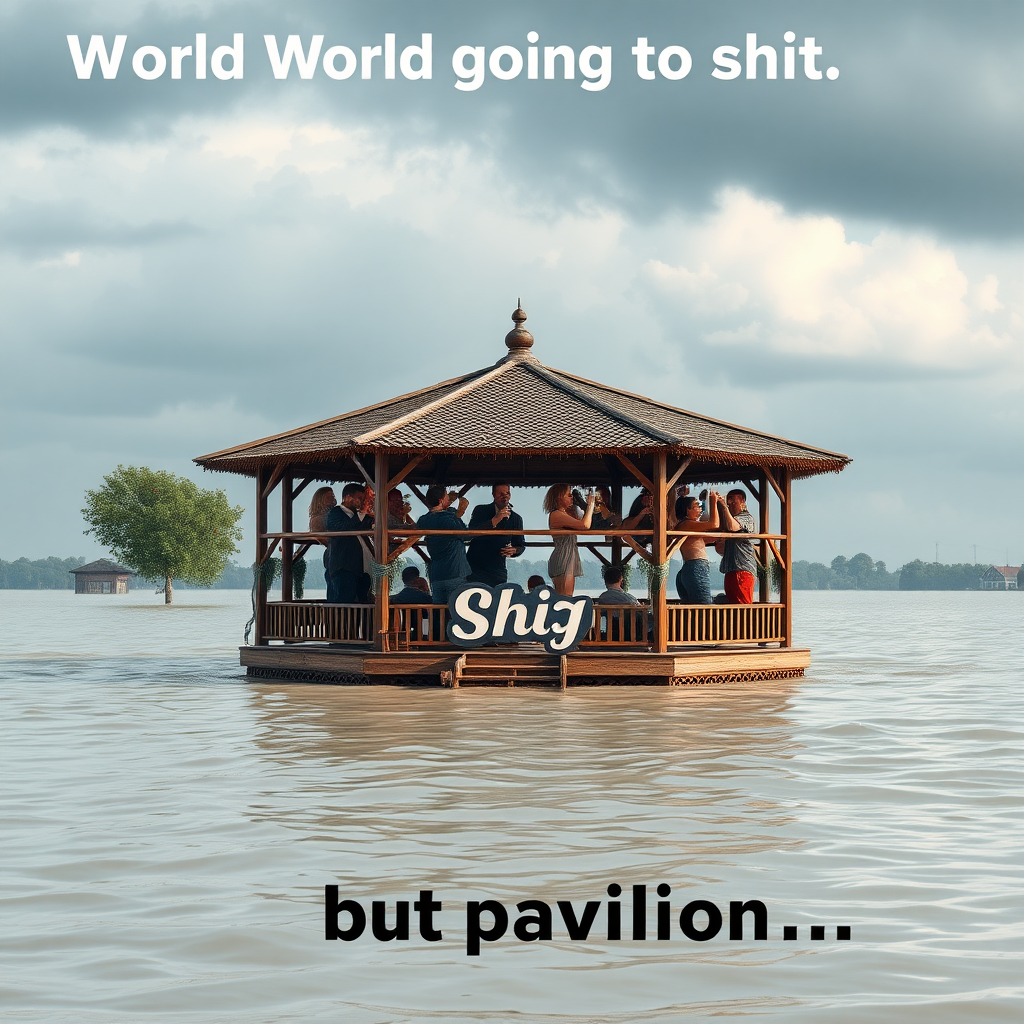 Create an image of a pavilion in a flooded environment and people comically partying on it drinking beer while the world is completely overflooded. Focus on the humorous contrast of the situation. Include the text "World going to shit." The bottom part should have the text "but pavilion."