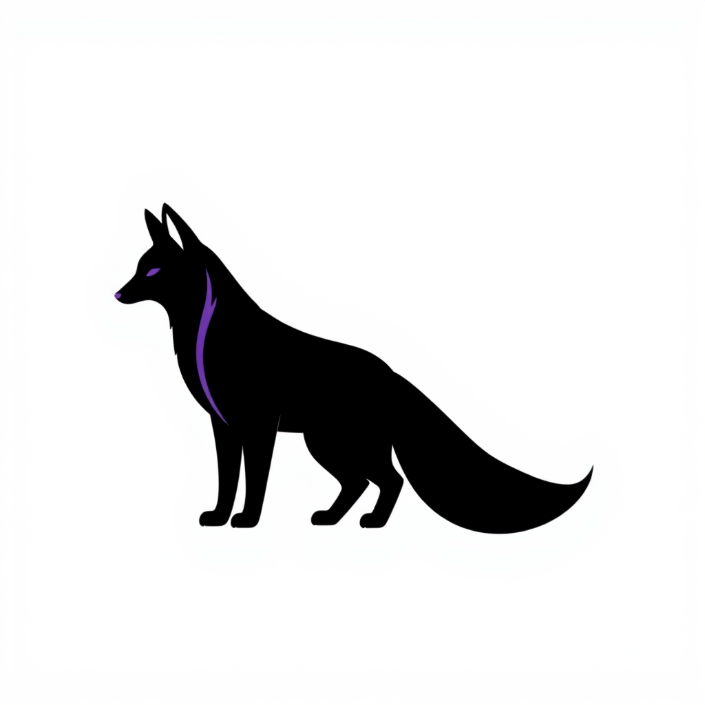 A minimalistic logo of a black fox with a deep purple stripe down its spine and tail