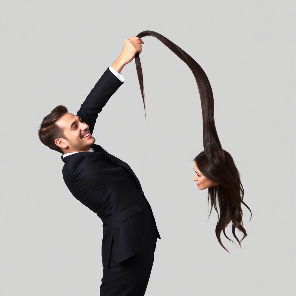 A surreal image of a smiling male magician standing to the side while holding up the disembodied head of a very long-haired Meghan Markle by her hair to display it to the camera. He is grabbing her very long hair and pulling it up high in the air, while her head is hanging by her hair from his grasp. Plain gray background.