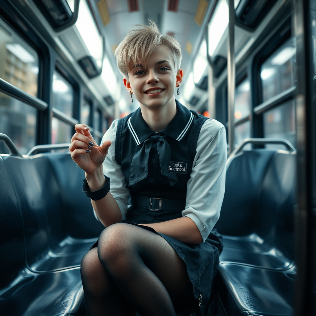 photorealistic, ultra high resolution, 16K, surreal fantasy, soft studio lighting, a pretty 18 year old goth male, slim male physique, short blonde hair, goth makeup, earrings, sheer black pantyhose, UK girls-school uniform, Mary-Jane shoes, sitting in the school bus, excited smile, facing the camera.