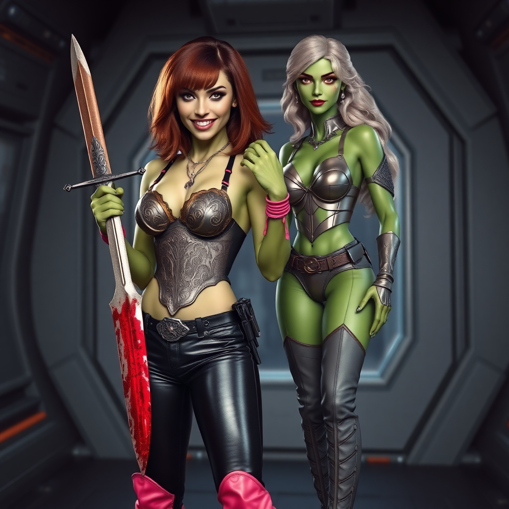 Tall, beautiful green skinned woman. Her brown hair is in a shag-cut style. Her eyes are gold. She is dressed in an ornate metal bra. She is wearing black leather pants, with pink knee high boots. She is holding a large, bloody dagger in a threatening manner. She is smiling. A sci-fi looking gun is holstered at her hip. Standing next to her, hand on her shoulder is an older green skinned woman, dressed in a metal bikini and gray knee boots. She is at a sci-fi space-port.