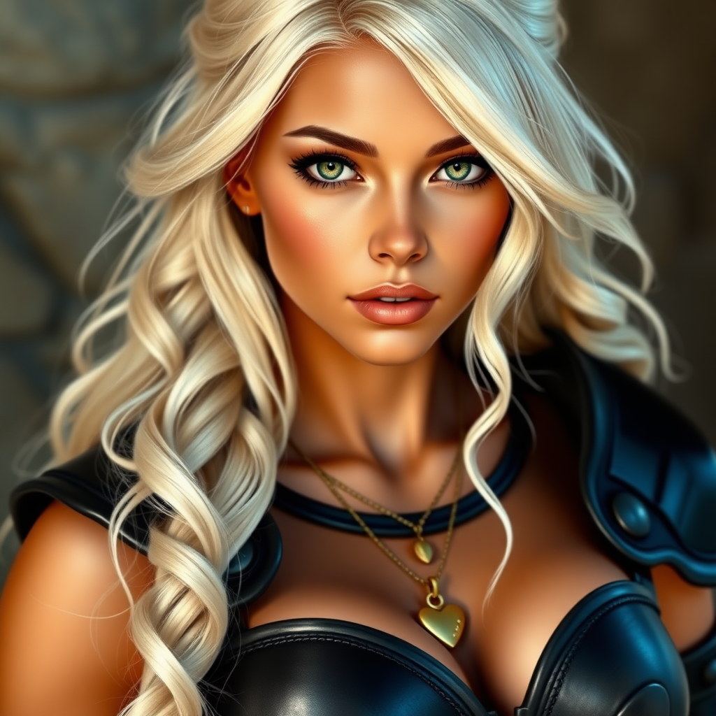 Portrait of a beautiful young woman with long wavy platinum blonde hair, green eyes, a suntan, light brown eyebrows, and large breasts. She is wearing black leather armor and a gold necklace with a small heart pendant.