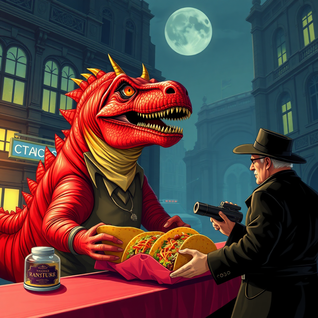 A vampire dinosaur selling tacos in Victorian England, tacky, grand theft auto.