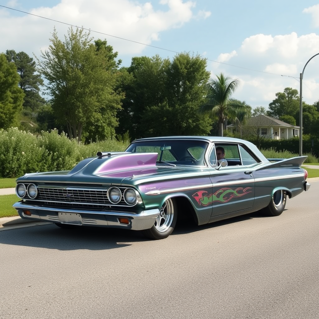 The drag car is parked on the side of the road, inspired by Taiyō Matsumoto, tumblr, restomod, nd4, c4 metallic shine classic american low rider custom paint ford