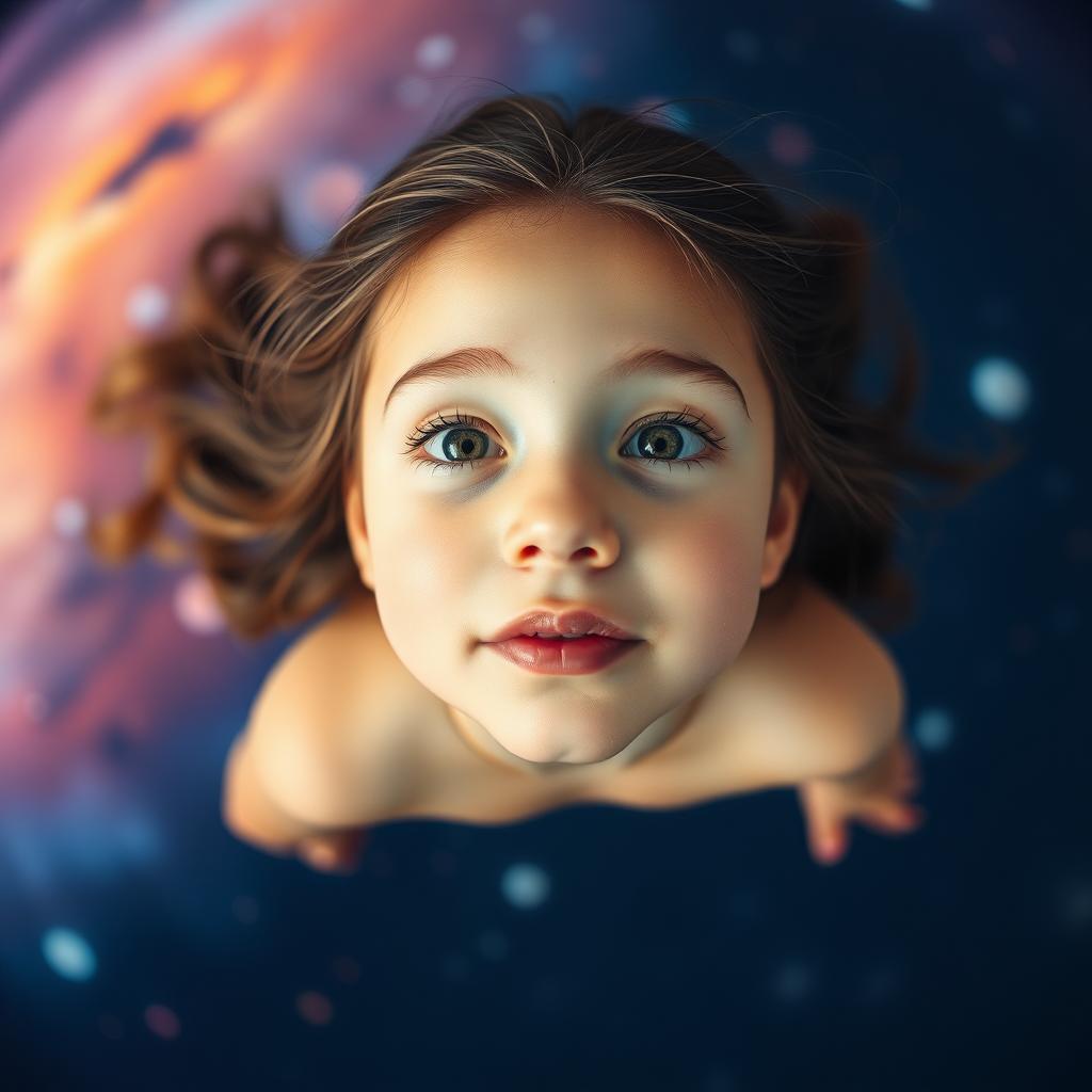 preteen girl floating in space, Low Key Lighting, dreamscape, nebula, Bokeh, abstract, brilliant colors, glittering, translucent, iridescent, natural skin, glowing, artistic photo, wide angle, cute, interesting, microscopy, airy, original, experimental, refraction