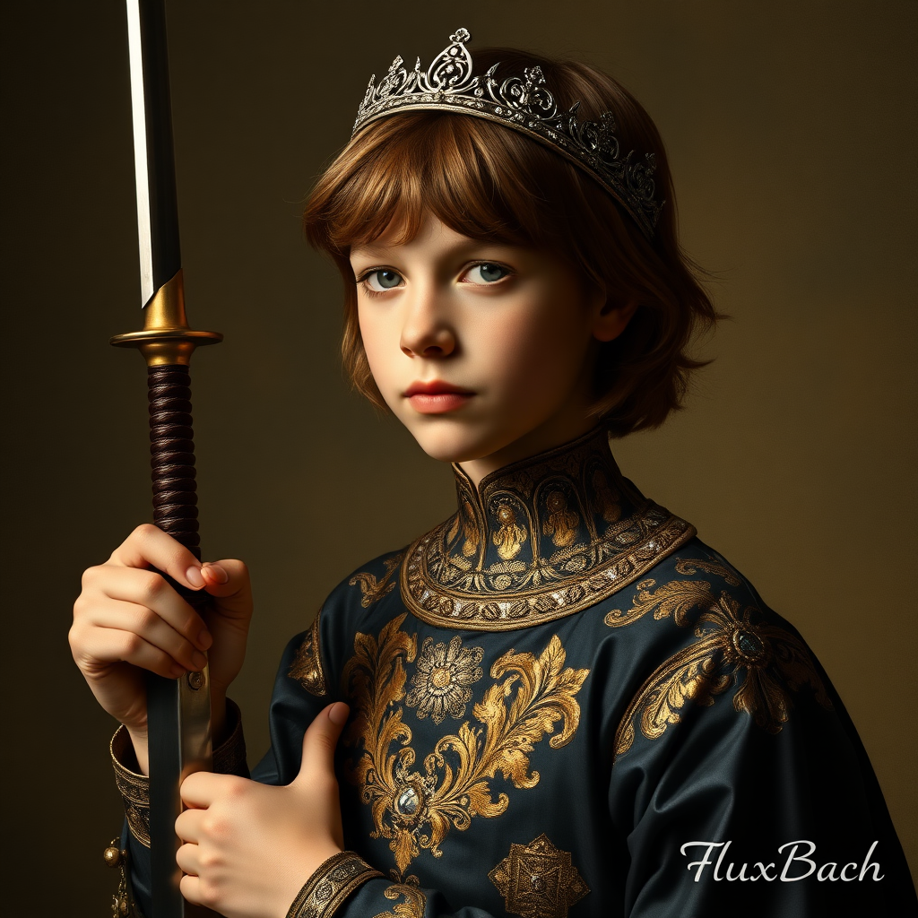 16yo teen boy prince holds his one small sword in a scabbard in his right hand by the hilt, long bob cut, embroidered with gold and diamonds medieval cloths, diamond diadem, and Beautiful War, natural Skin Texture, visualization of embossed Skin using the play of light and shadow. Free style by 50% Adolphe William Bouguereau and 15% Sandro Botticelli and 35% Otto Lomüller, The background is in the style of landscape style by Antonio del Polaiolo. Studio lighting, professional lighting. Generating the signature at the bottom: FluxBach. ultra high resolution, 16K,