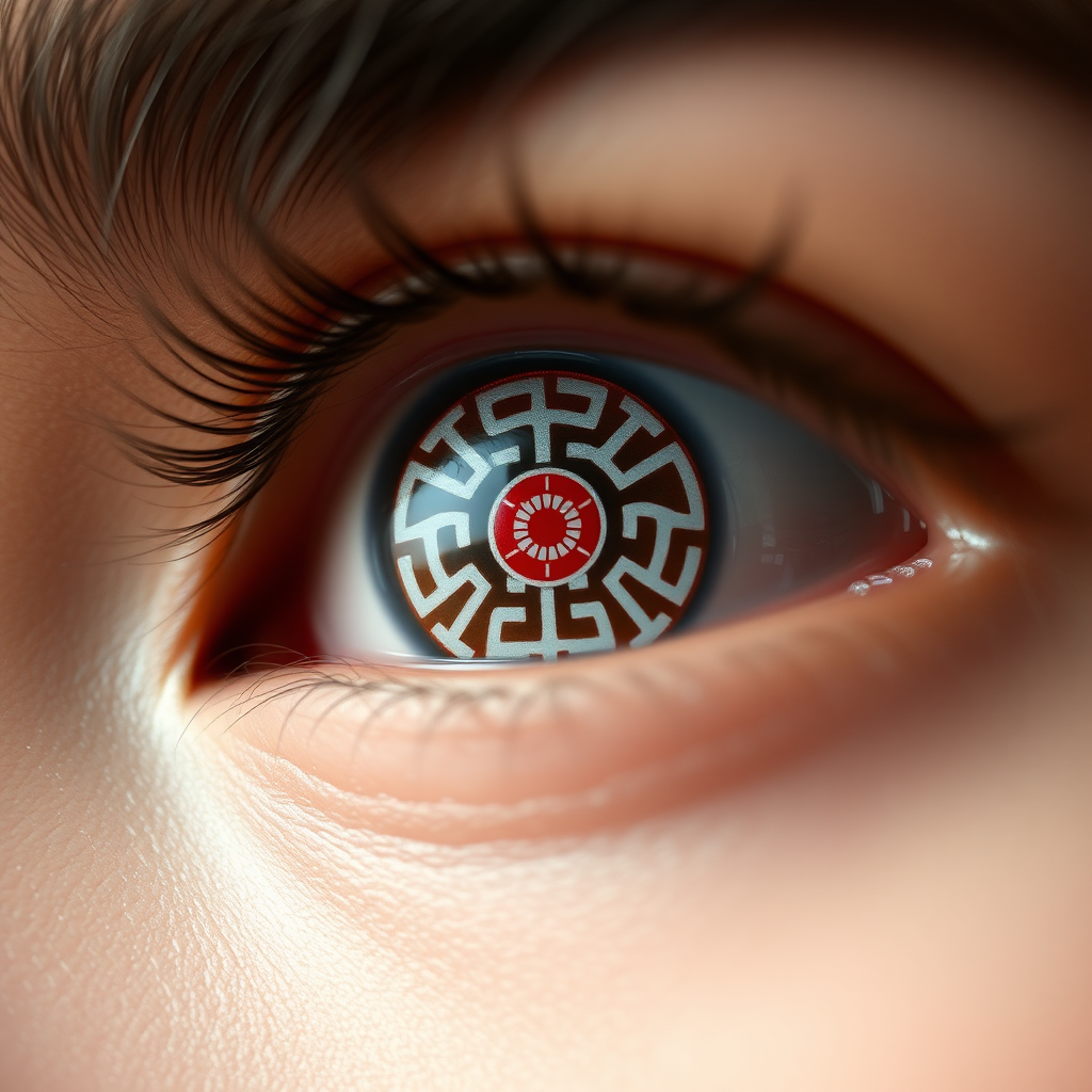 A close-up of eyes with lenses, The eye lens with traditional red and white design Chinese red white Design. The composition emphasizes the eyes and its design, with flash light, focused lights, looking up, 16k, photorealistic, very closeup, soft skin texture visible, daytime, photography taken by window side