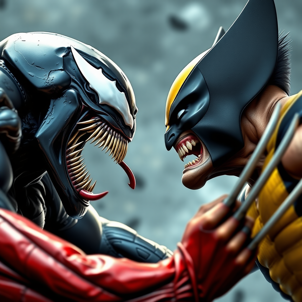 On a comic book cover is Venom Vs Wolverine in Cinematic Real3d photo-realistic quality.