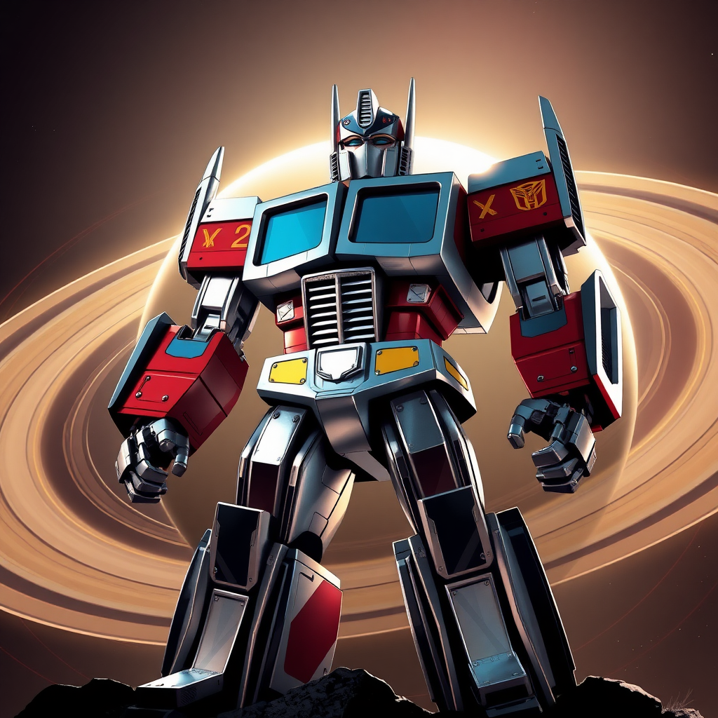 Tall and powerful Transformer Optimus Prime stands on the periphery of Saturn, the metal body shines, the expression is resolute, behind is the gorgeous Saturn rings, sci-fi illustration style, dazzling light, side light, long-shot perspective