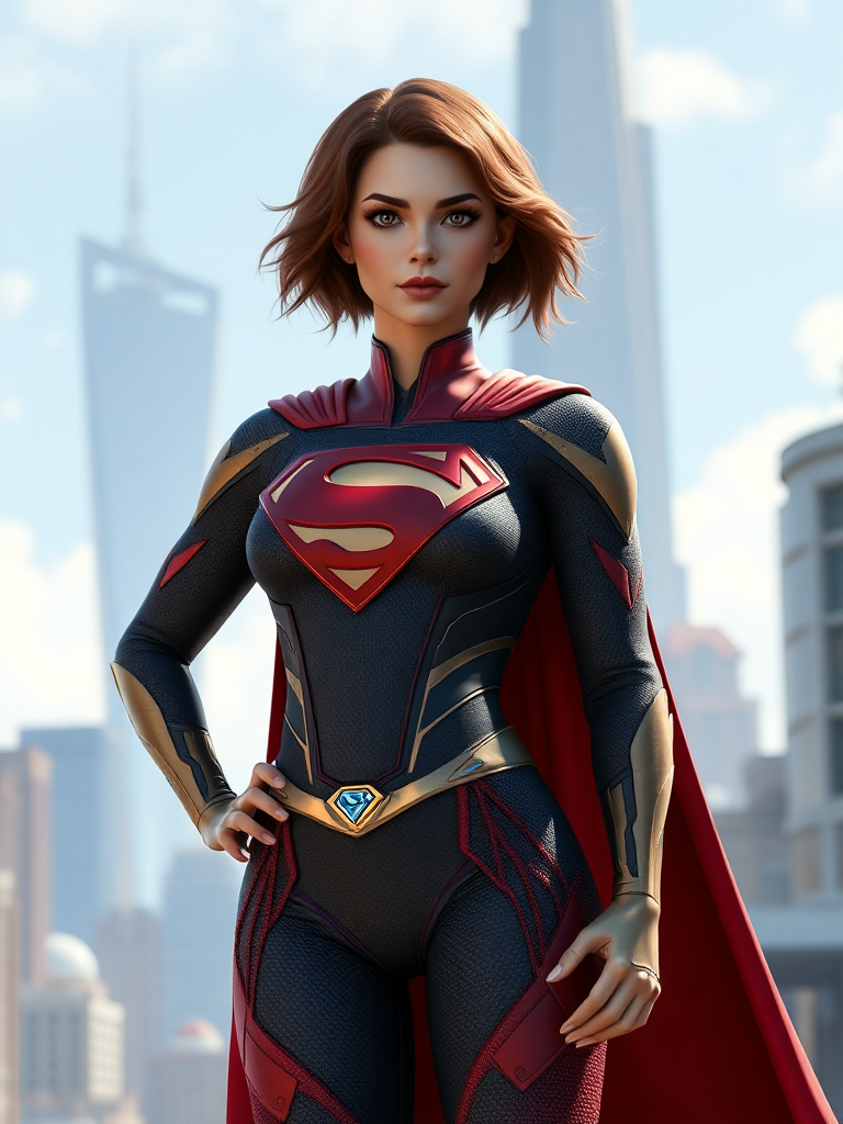 Create a full-length rendered image of Superman, using the female figure of Ochaco Uraraka as the base for the body. Maintain Superman's iconic head, including the signature hairstyle and facial features. Merge Superman's classic costume with unique embellishments derived from Ochaco Uraraka's hero suit, adapting and modifying the attire to suit new feminine proportions. The costume should blend elements such as color schemes and patterns from both characters, resulting in a harmonious design. Develop the background by integrating elements from Superman's Metropolis skyline and Ochaco Uraraka's training facility, combining architectural styles and thematic features to create a unique, immersive scene that reflects both universes.