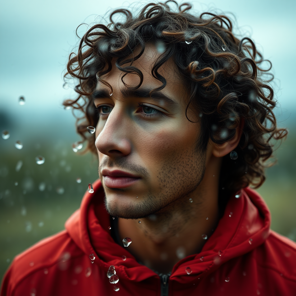 so much rain, man with fine curly hair, oval face, potato nose