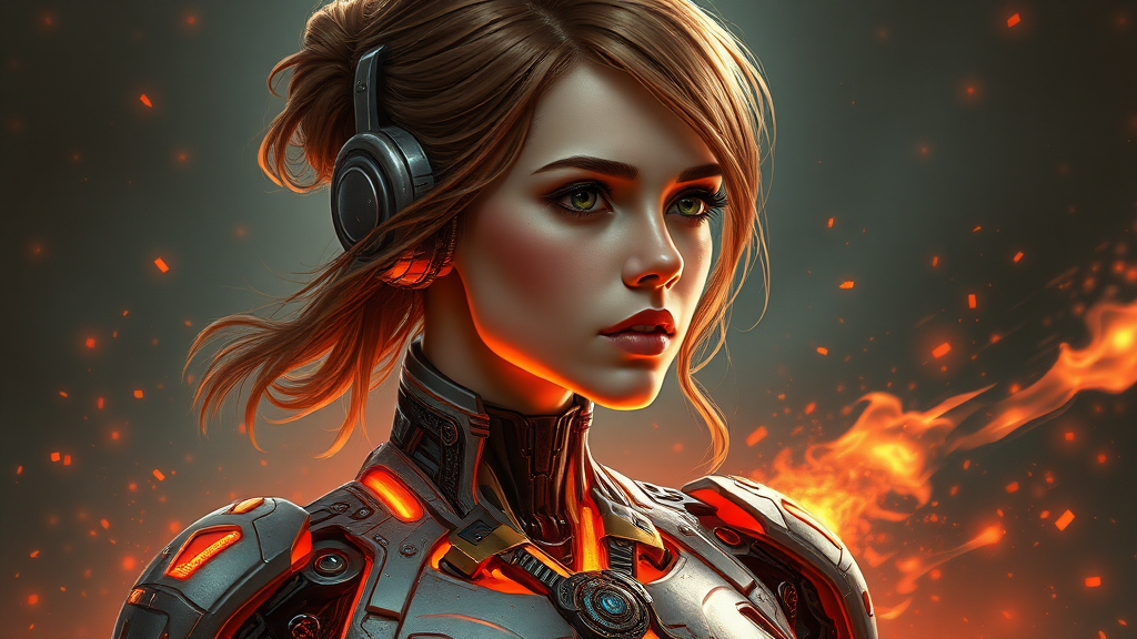 Emma Watson as a beautiful cyborg-person with a burning passion inside, hourglass slim figure, sci-fi, highly detailed, digital painting, artstation, concept art, smooth, sharp focus, illustration