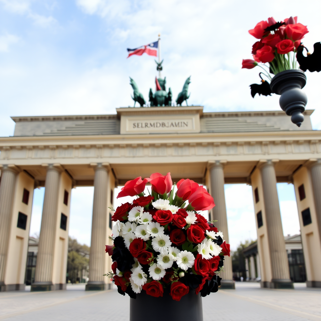 The Brandenburg Gate is adorned with black, white, and red flowers, and a flag is flying on the gate.