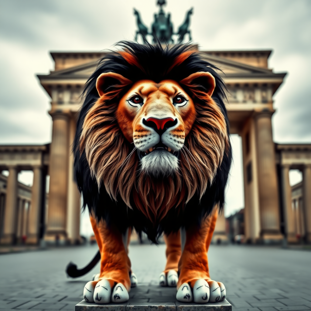 A lion in black, white, and red stands in front of the Brandenburg Gate. Realistic photo.