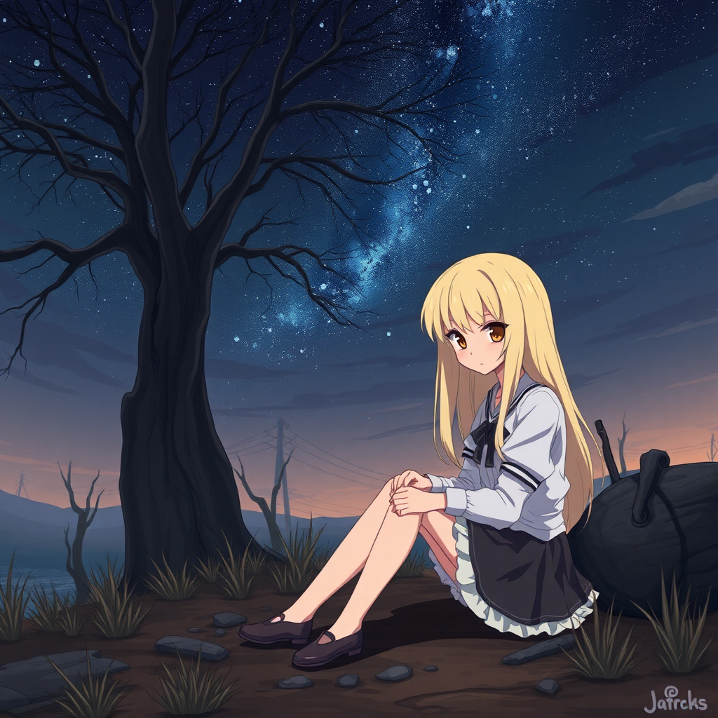 A depressed blonde anime girl with brown eyes.  
She is sitting lonely at a forsaken place.